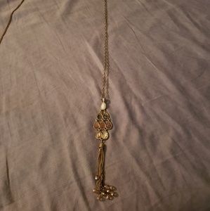 Long gold neutral stone tassel necklace